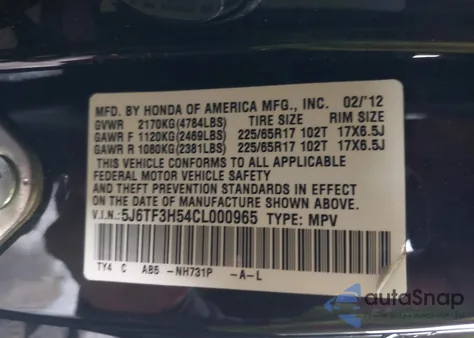 2012 Honda Crosstour 2.4 Ex-L from USA, damaged, VIN 5J6TF3H54CL000965